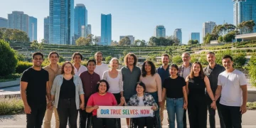 Diverse individuals embracing imperfection and personal acceptance in a vibrant 2026 urban setting.