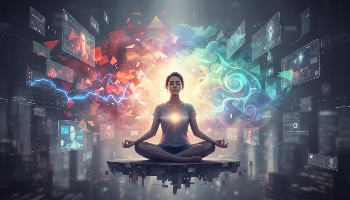 Person meditating, reflecting on emotional intelligence in a digital world