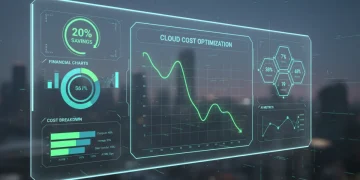 Futuristic dashboard showing 20% cloud cost savings for AI workloads through FinOps strategies.