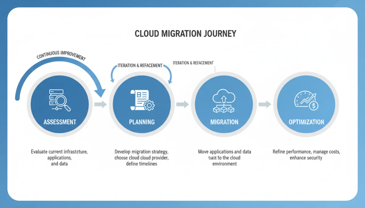 Infographic detailing the four phases of cloud migration for cost reduction.