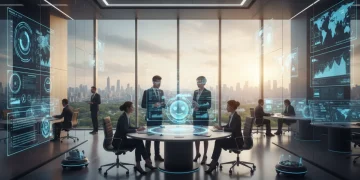 Futuristic office with diverse professionals using AI interfaces to boost productivity.