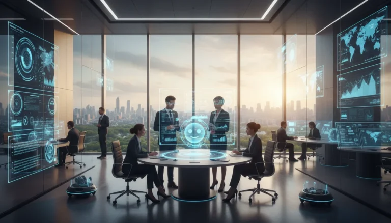 Futuristic office with diverse professionals using AI interfaces to boost productivity.