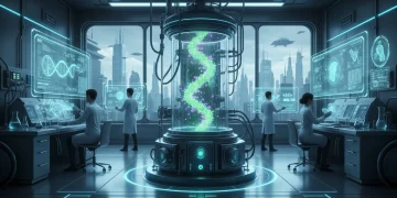 Scientists in a futuristic lab developing biotechnology medical innovations.
