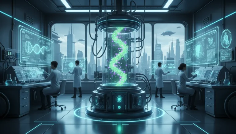 Scientists in a futuristic lab developing biotechnology medical innovations.