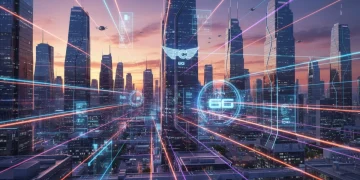 Futuristic cityscape with 6G data transmission lines and FCC logo