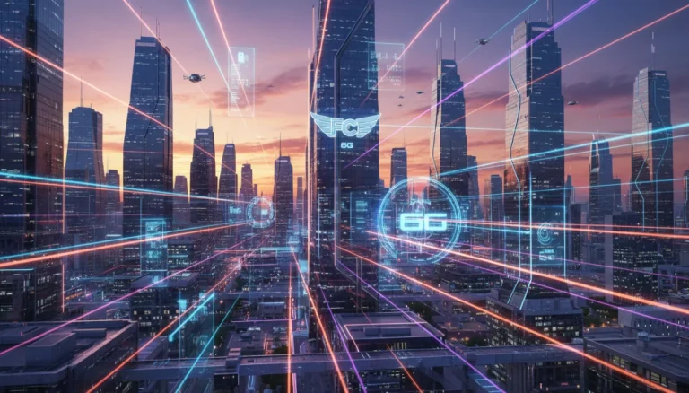Futuristic cityscape with 6G data transmission lines and FCC logo
