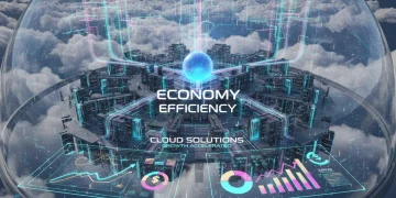 Futuristic cloud data center optimizing business growth and reducing IT costs.