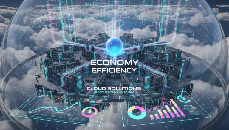 Futuristic cloud data center optimizing business growth and reducing IT costs.