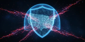 Futuristic digital shield protecting US data from cyber threats