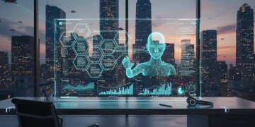 Futuristic generative AI marketing dashboard with city skyline
