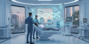 Futuristic doctors analyzing genomic data for personalized patient treatment