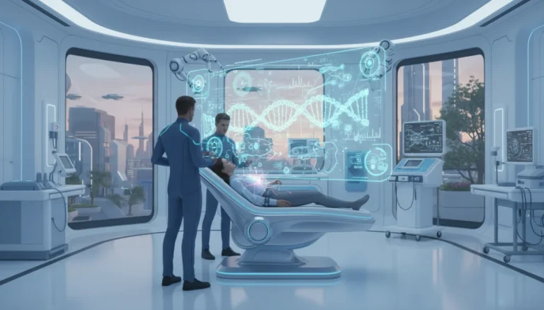 Futuristic doctors analyzing genomic data for personalized patient treatment