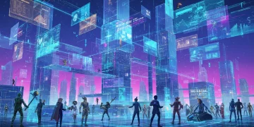 Futuristic metaverse cityscape with holographic projections and interconnected digital networks.