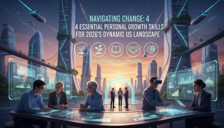 Diverse professionals navigating a futuristic cityscape, symbolizing personal growth skills for 2026