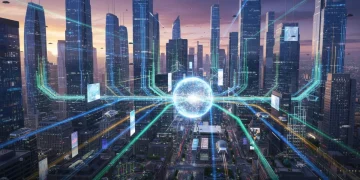 Futuristic US cityscape with glowing data streams representing optimized edge computing networks.