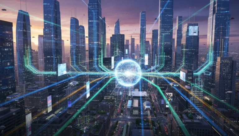 Futuristic US cityscape with glowing data streams representing optimized edge computing networks.