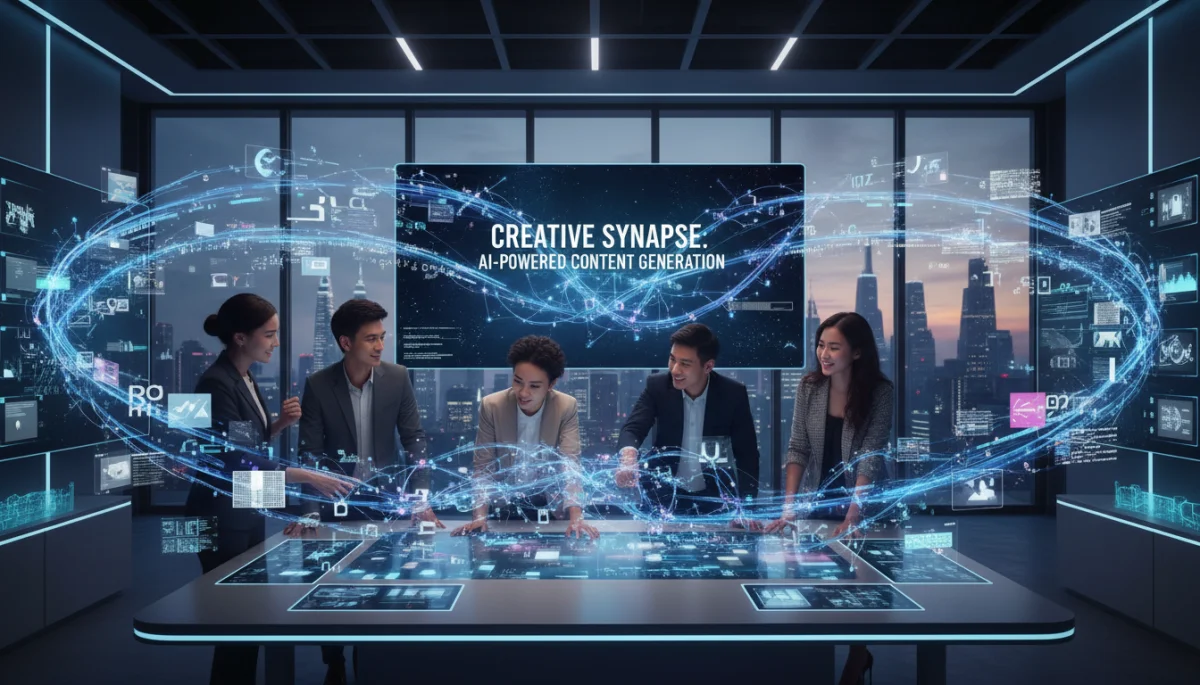 Creative team collaborating with generative AI for marketing content