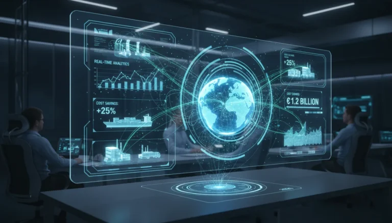 Global supply chain network optimized with real-time analytics dashboard, showing cost reduction by 2026.