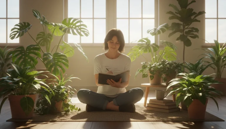 Woman writing in gratitude journal, bathed in sunlight
