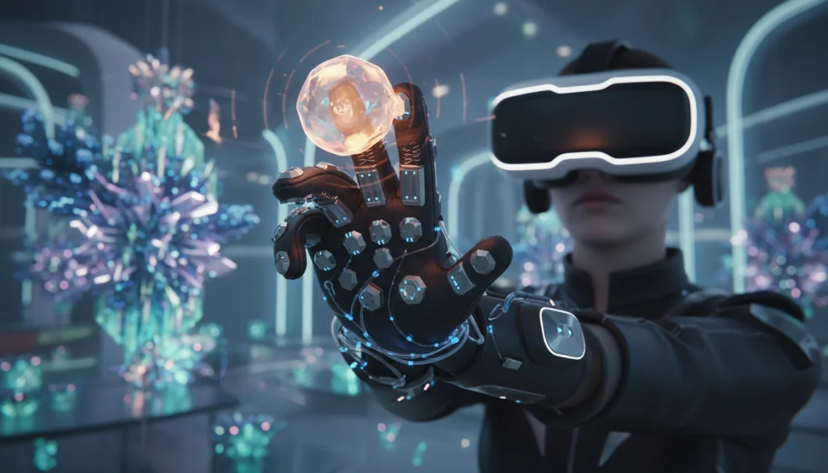 Person using haptic glove in virtual reality for enhanced immersion
