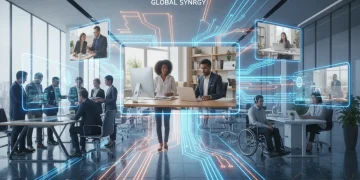 Hybrid team members collaborating remotely and in-office, connected digitally