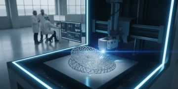 Industrial 3D printer creating complex metal parts, symbolizing advanced additive manufacturing