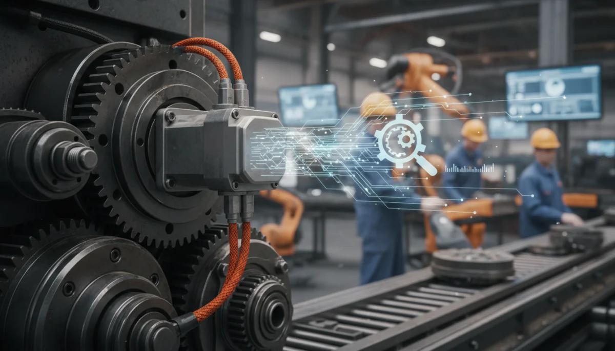 Industrial sensor collecting data for AI predictive maintenance