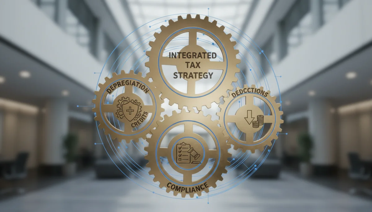 Interconnected gears representing an integrated tax strategy for business optimization.