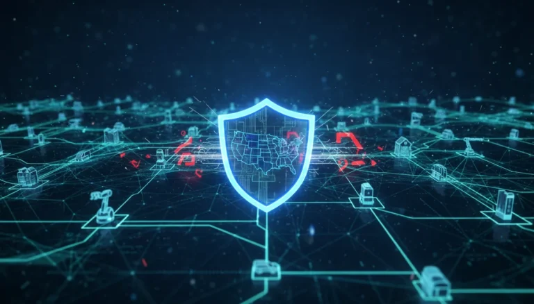IoT devices forming a secure network over the US map, symbolizing data security innovations.