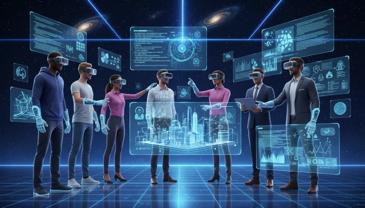 Professionals collaborating in a virtual reality metaverse meeting space.
