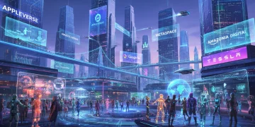 Futuristic digital city with avatars and holographic interfaces representing the metaverse
