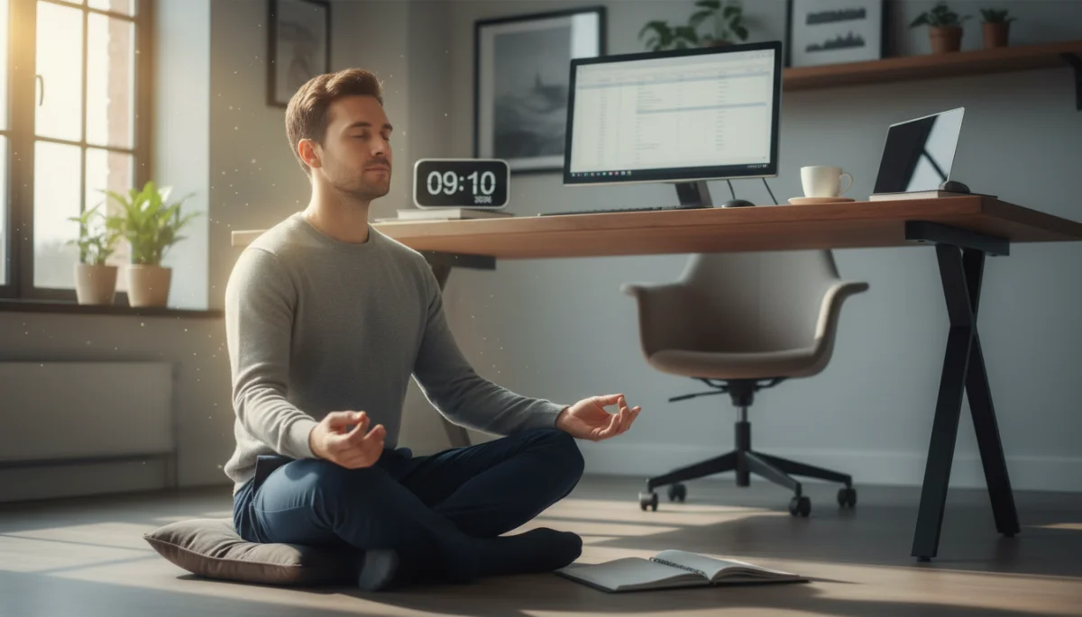 Person meditating briefly in a home office, symbolizing a mindful break during work.