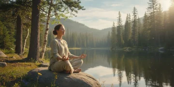 American practicing mindful meditation in nature