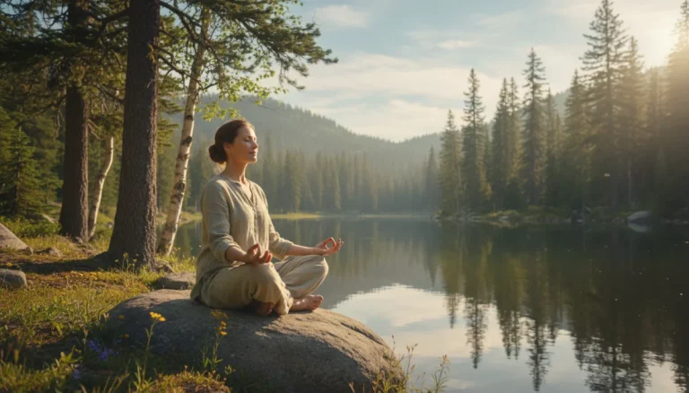 American practicing mindful meditation in nature