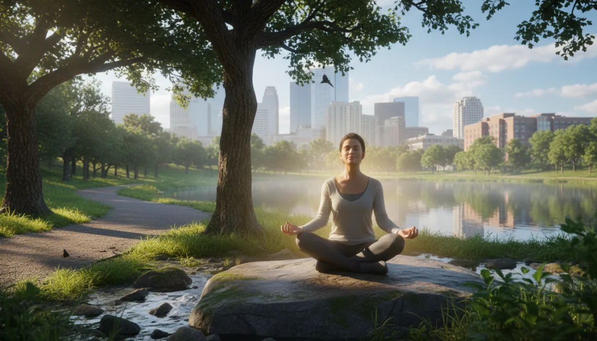 Person meditating for mental clarity and stress reduction in an urban park