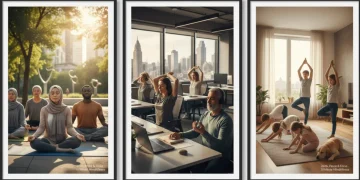 Diverse US citizens practicing 10-minute mindfulness techniques in modern settings, symbolizing peace and focus.