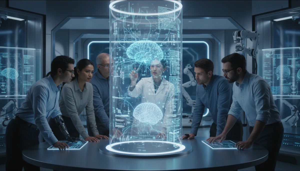 Researchers analyzing brain activity on a holographic display in a neurotech lab