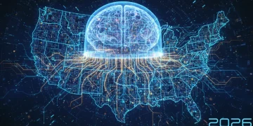 Futuristic brain interface over US map, symbolizing neurotechnology's impact