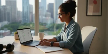 Young professional overcoming procrastination at a modern desk in a US home office, focused and productive.