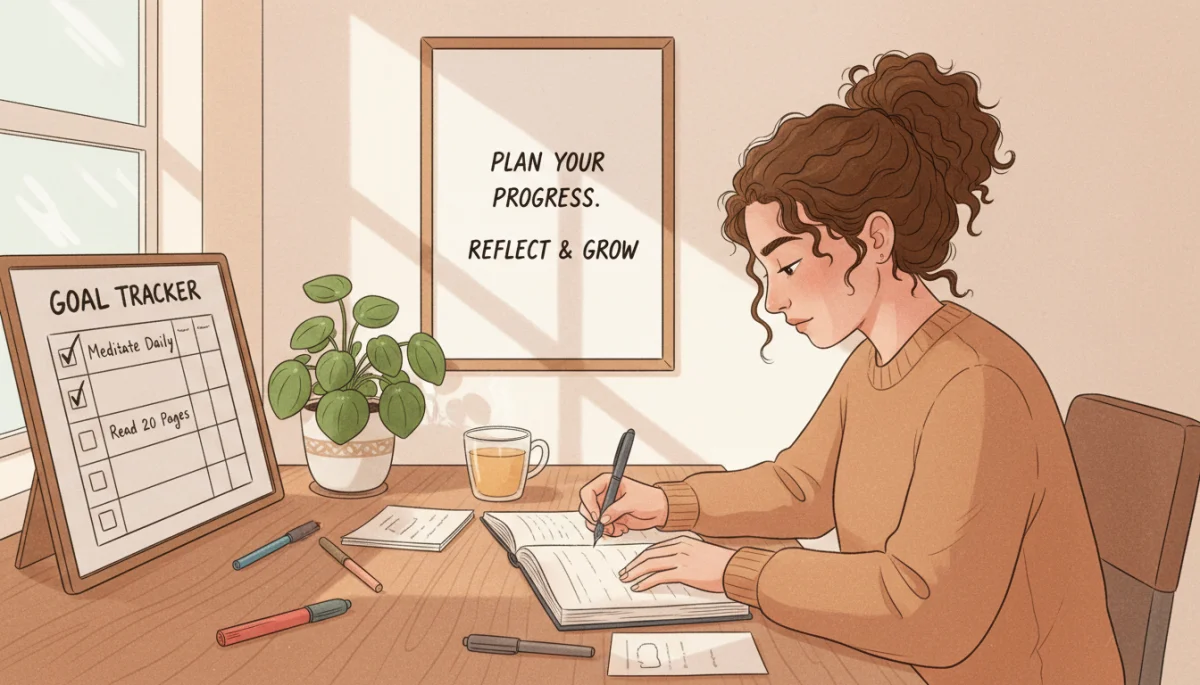 Person planning and reflecting on personal development goals in a journal.