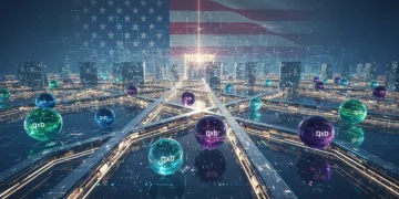 Futuristic digital landscape with quantum bits and secure data pathways symbolizing post-quantum cryptography in the US.