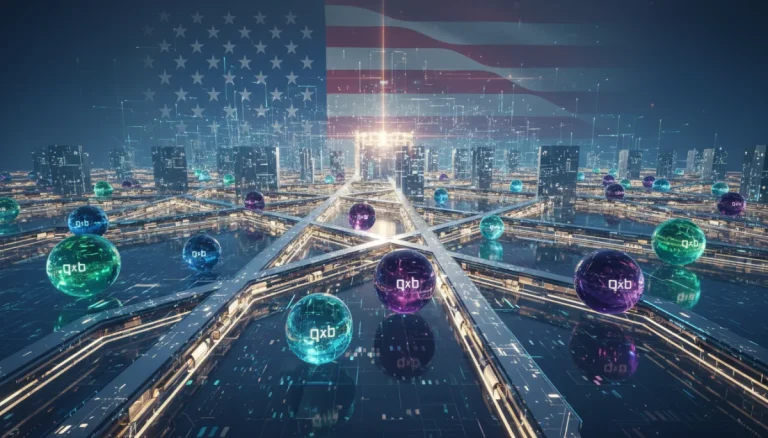 Futuristic digital landscape with quantum bits and secure data pathways symbolizing post-quantum cryptography in the US.