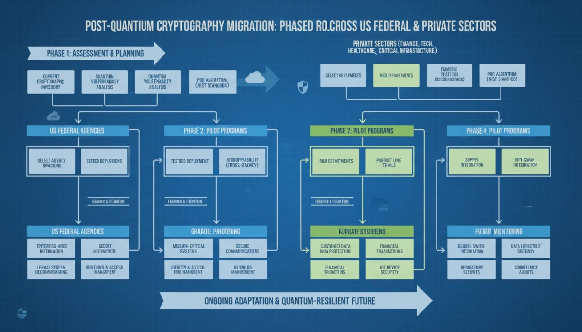 Flowchart depicting the multi-stage migration process for post-quantum cryptography adoption in the US.