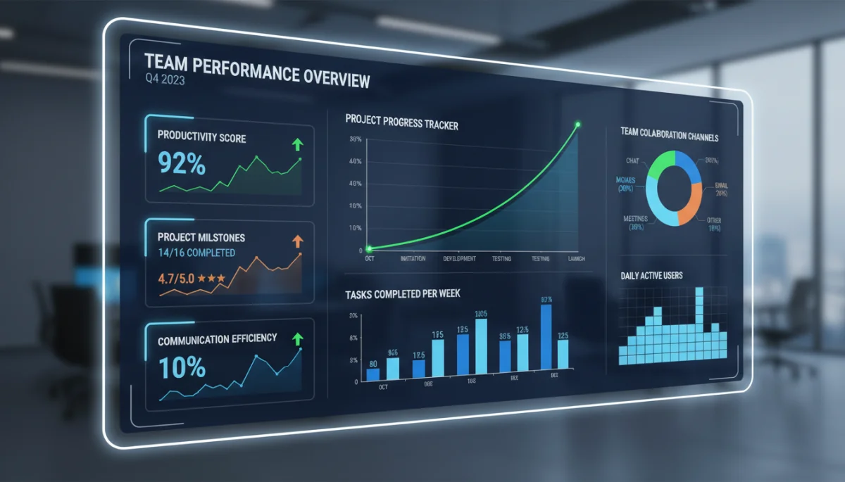 Digital dashboard showing team productivity KPIs and performance metrics