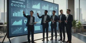 Business team analyzing Q1 2026 profitability data on a large screen