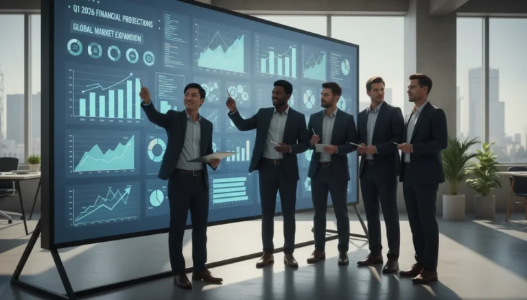 Business team analyzing Q1 2026 profitability data on a large screen