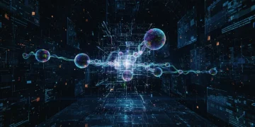 Futuristic quantum computing circuit with glowing elements and abstract data visualization