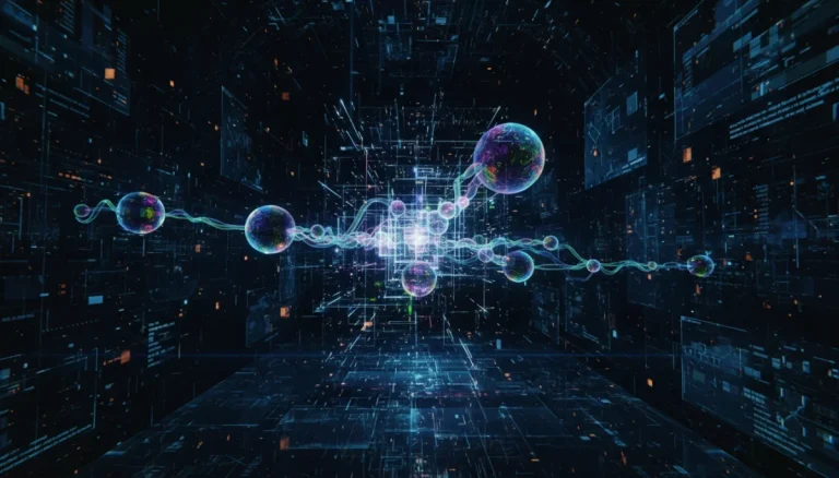 Futuristic quantum computing circuit with glowing elements and abstract data visualization