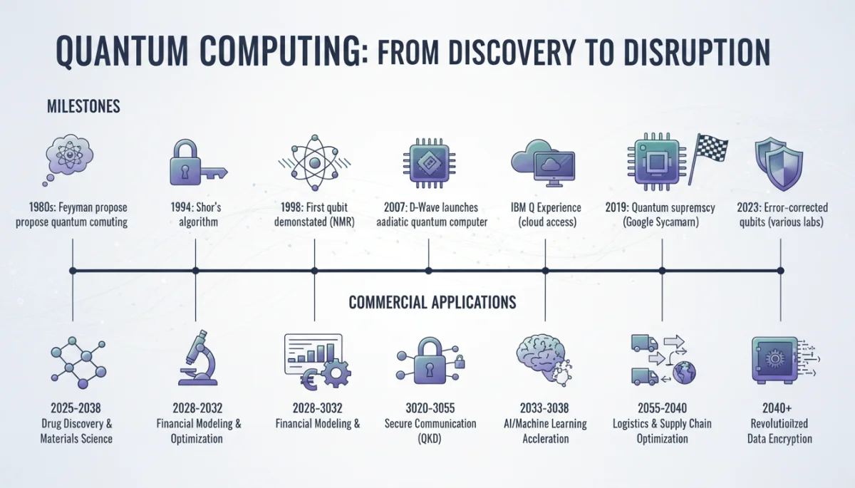 Infographic depicting quantum computing development timeline and commercialization milestones