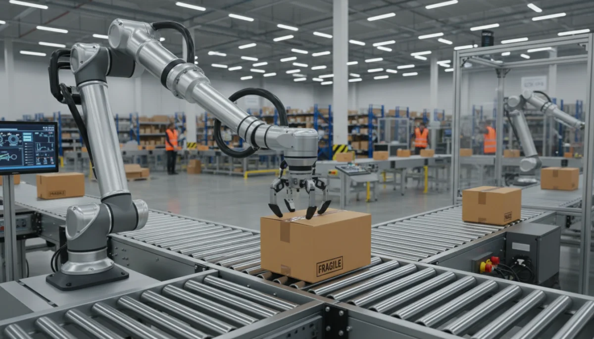 Robotic arm precisely handling packages on a conveyor belt in a logistics facility